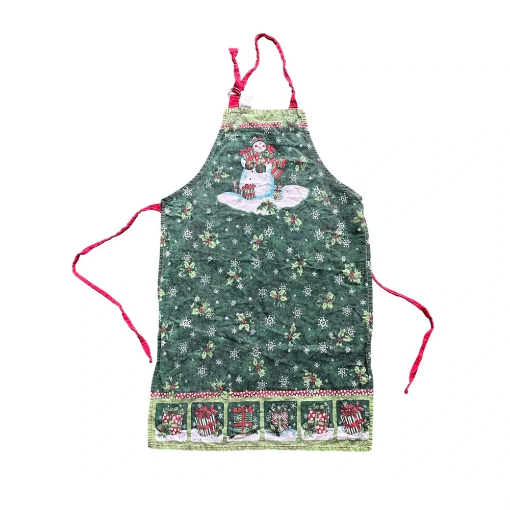 Susan Winget Christmas Snowman Apron Green Holiday Snowflake Holly Print Bib